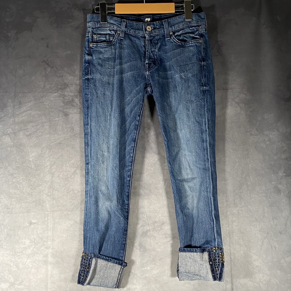 7 For All Mankind Women Capri Jeans 23 Blue Denim Studded Cuff Button‎ Fly